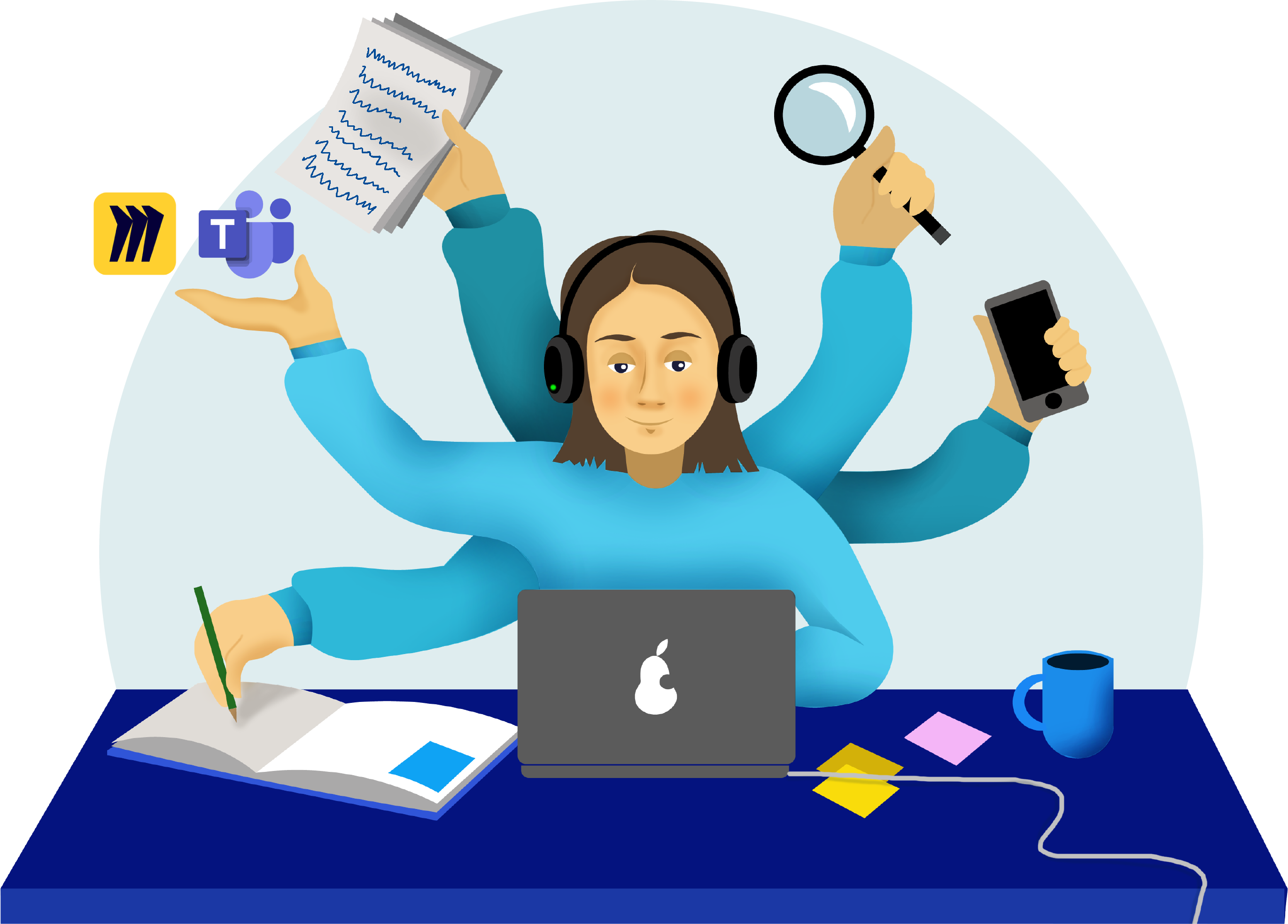 Kuvituskuvassa Aura tekee useaa asiaa samanaikaisesti ja oppii uutta työharjoittelussa.